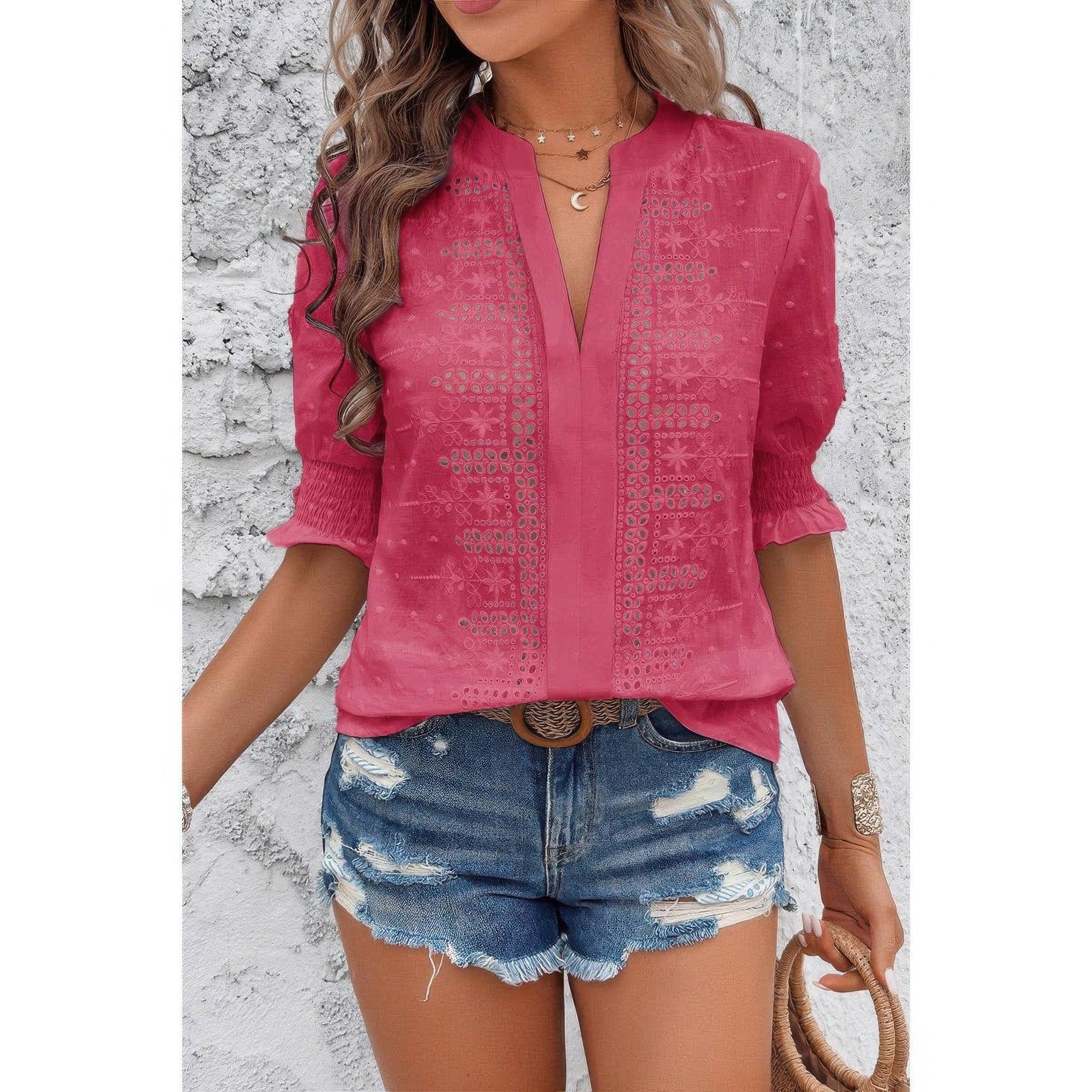Solid Hollow Out Ruffle Hem V Neck Loose Blouse | Mixtshop LLC