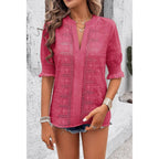 Solid Hollow Out Ruffle Hem V Neck Loose Blouse | Mixtshop LLC