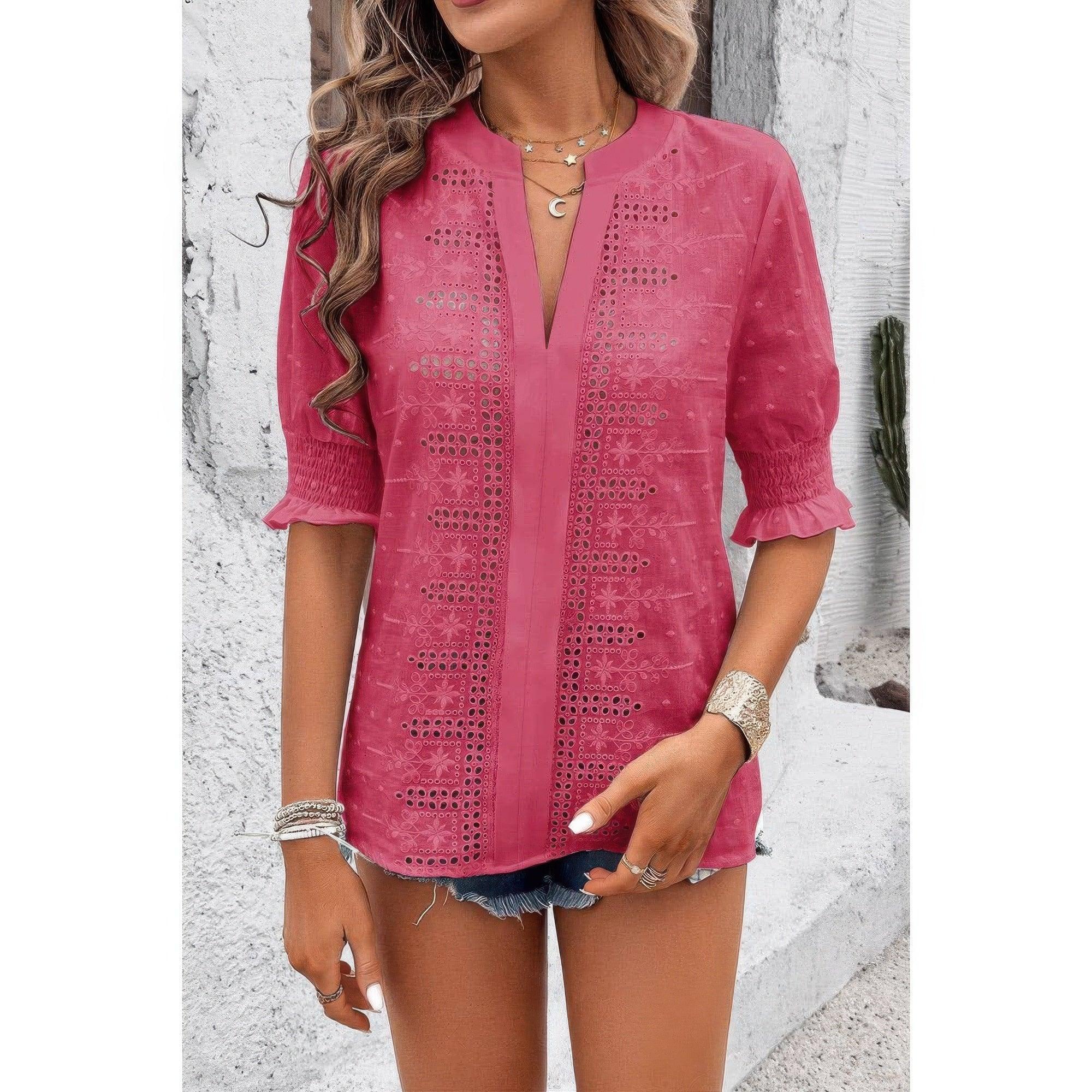 Solid Hollow Out Ruffle Hem V Neck Loose Blouse | Mixtshop LLC