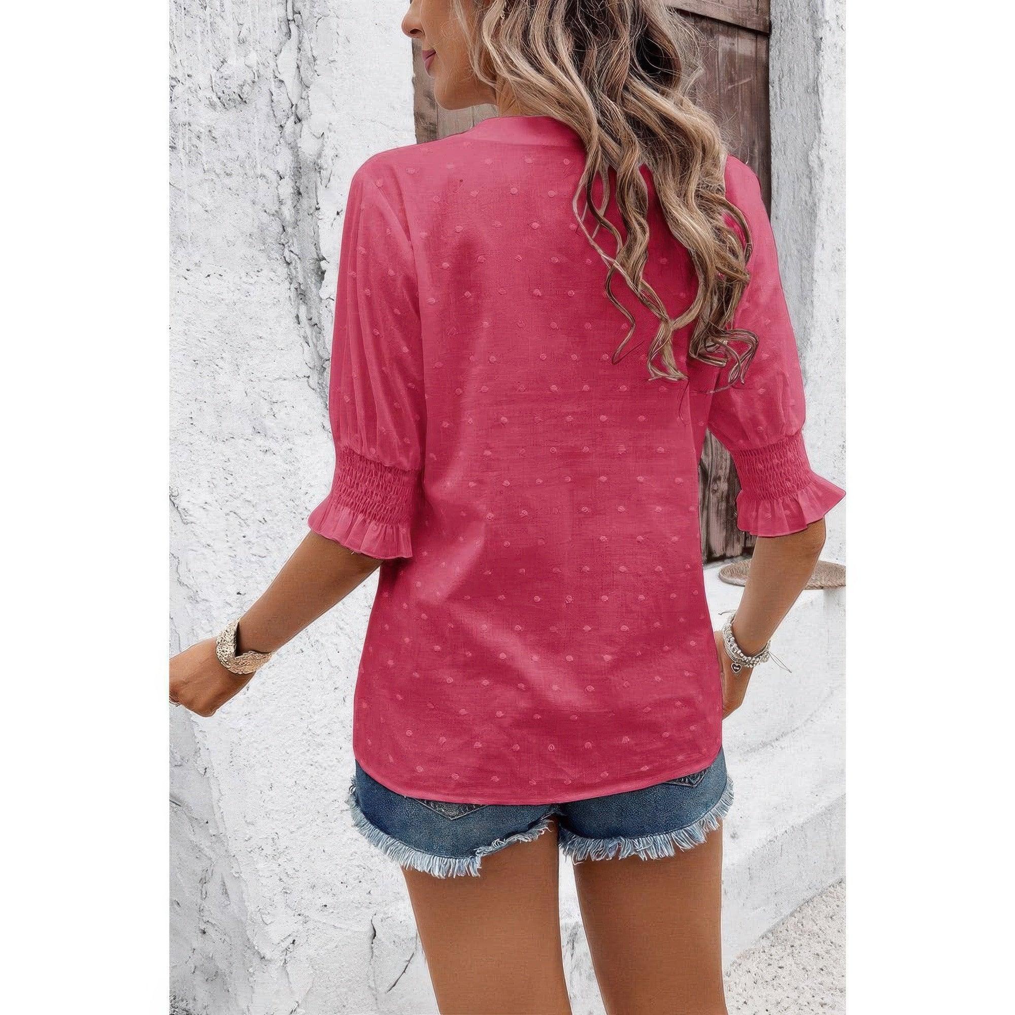 Solid Hollow Out Ruffle Hem V Neck Loose Blouse | Mixtshop LLC