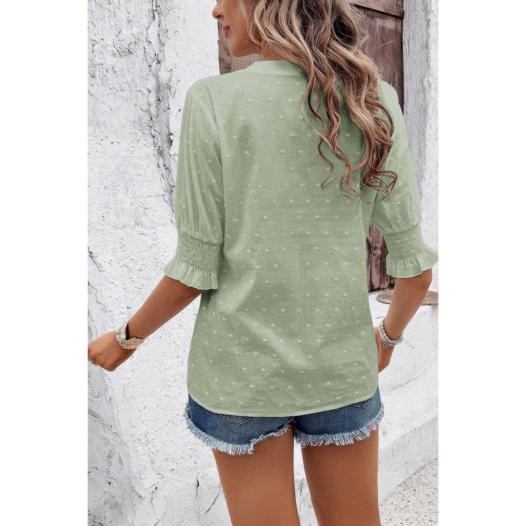 Solid Hollow Out Ruffle Hem V Neck Loose Blouse | Mixtshop LLC