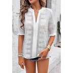 Solid Hollow Out Ruffle Hem V Neck Loose Blouse | Mixtshop LLC
