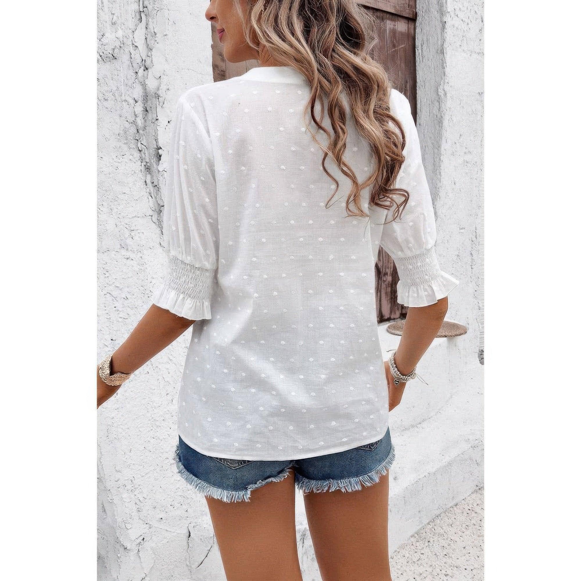 Solid Hollow Out Ruffle Hem V Neck Loose Blouse | Mixtshop LLC