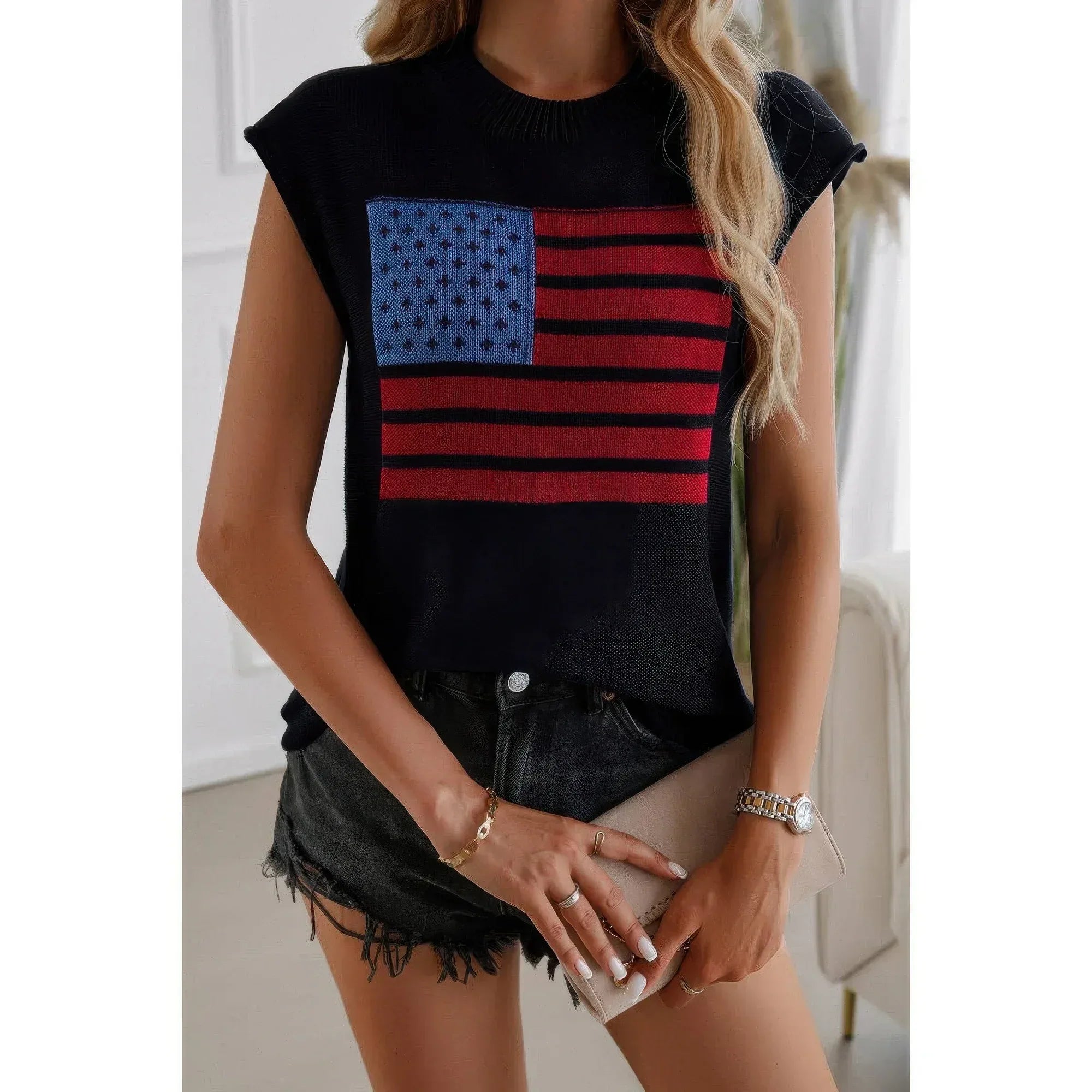 American Flag Print Crew Neck Cap Sleeve Vest | Mixtshop LLC