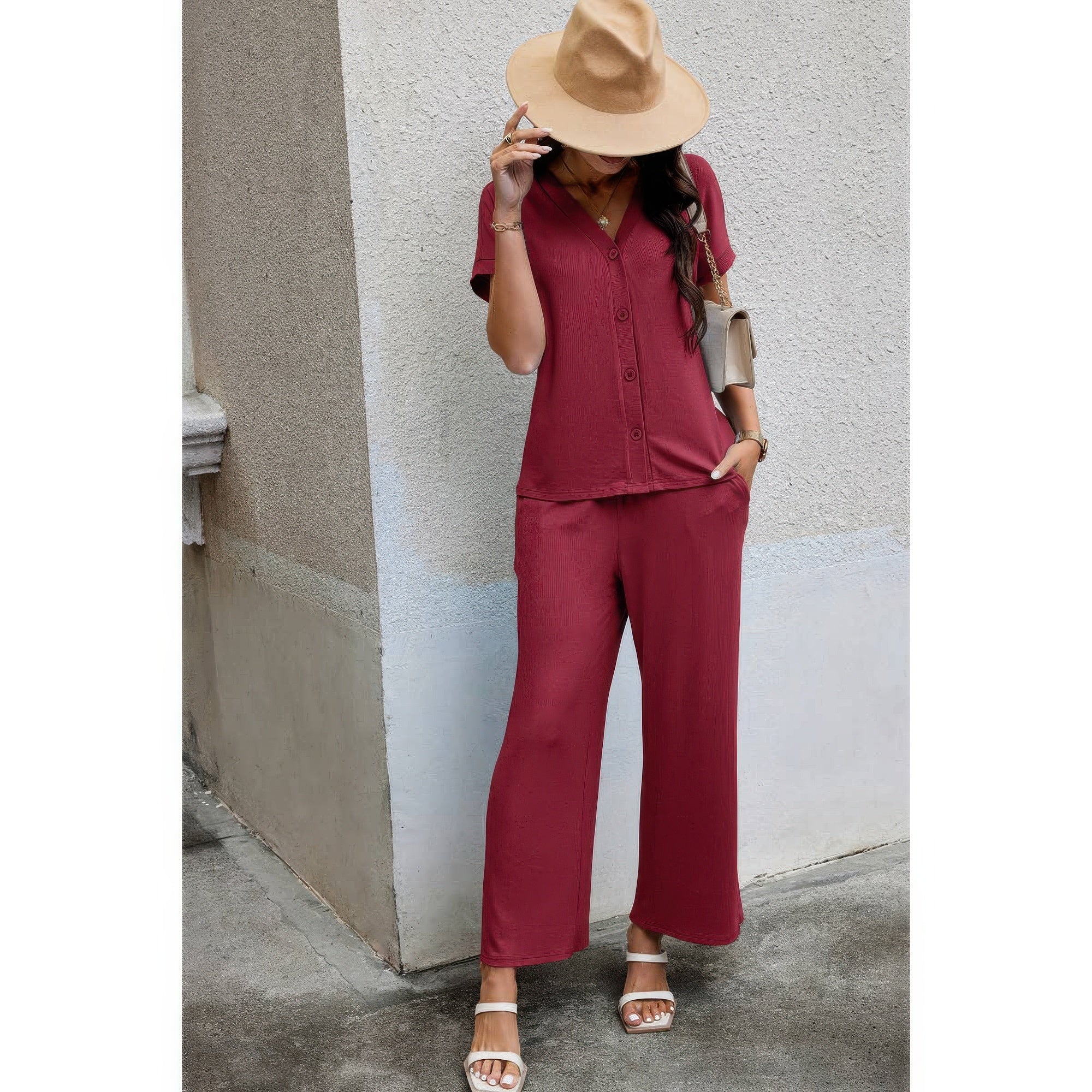 Solid Knit Pockets Button Up Two Pieces V Neck Set Secondary image