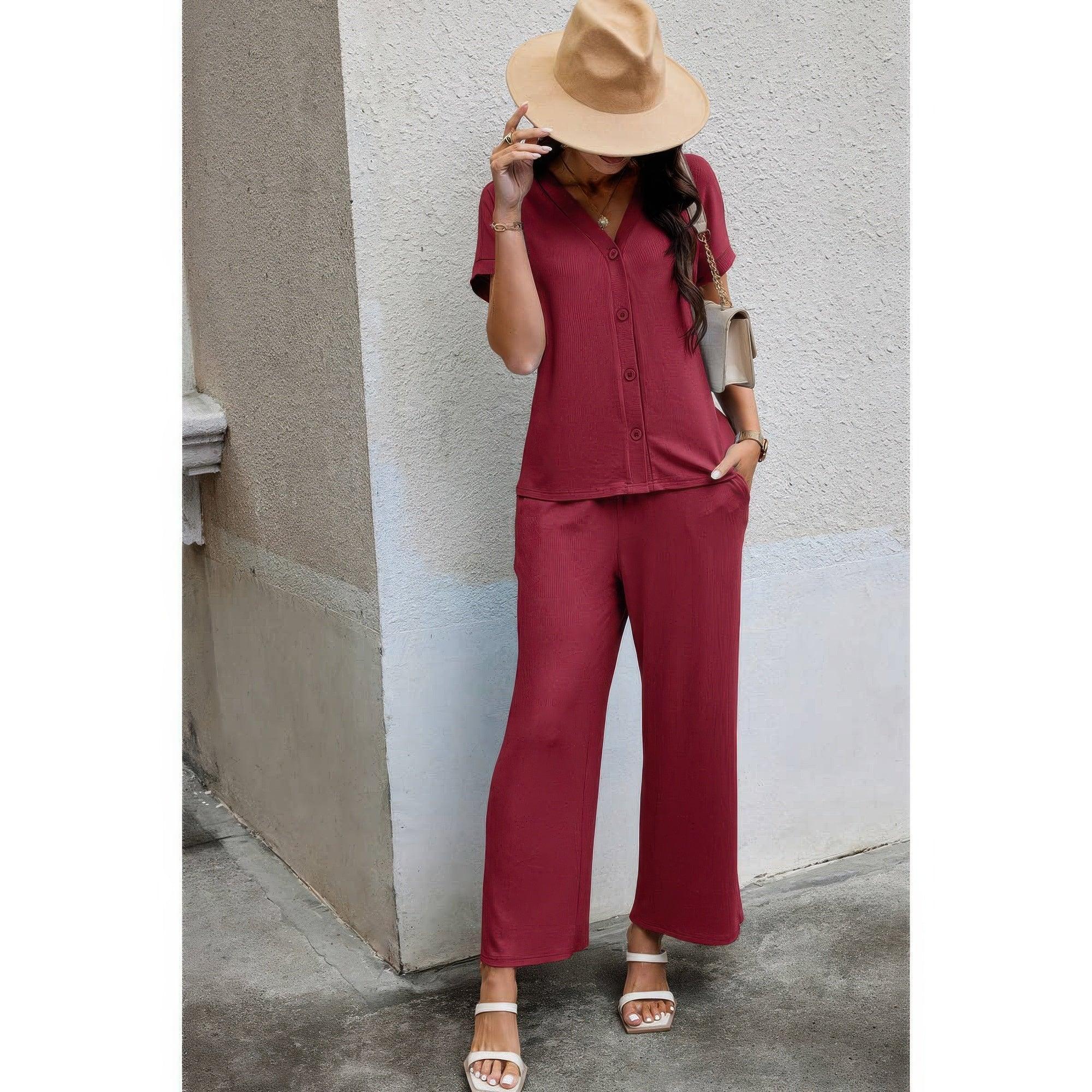 Solid Knit Pockets Button Up Two Pieces V Neck Set | Mixtshop LLC
