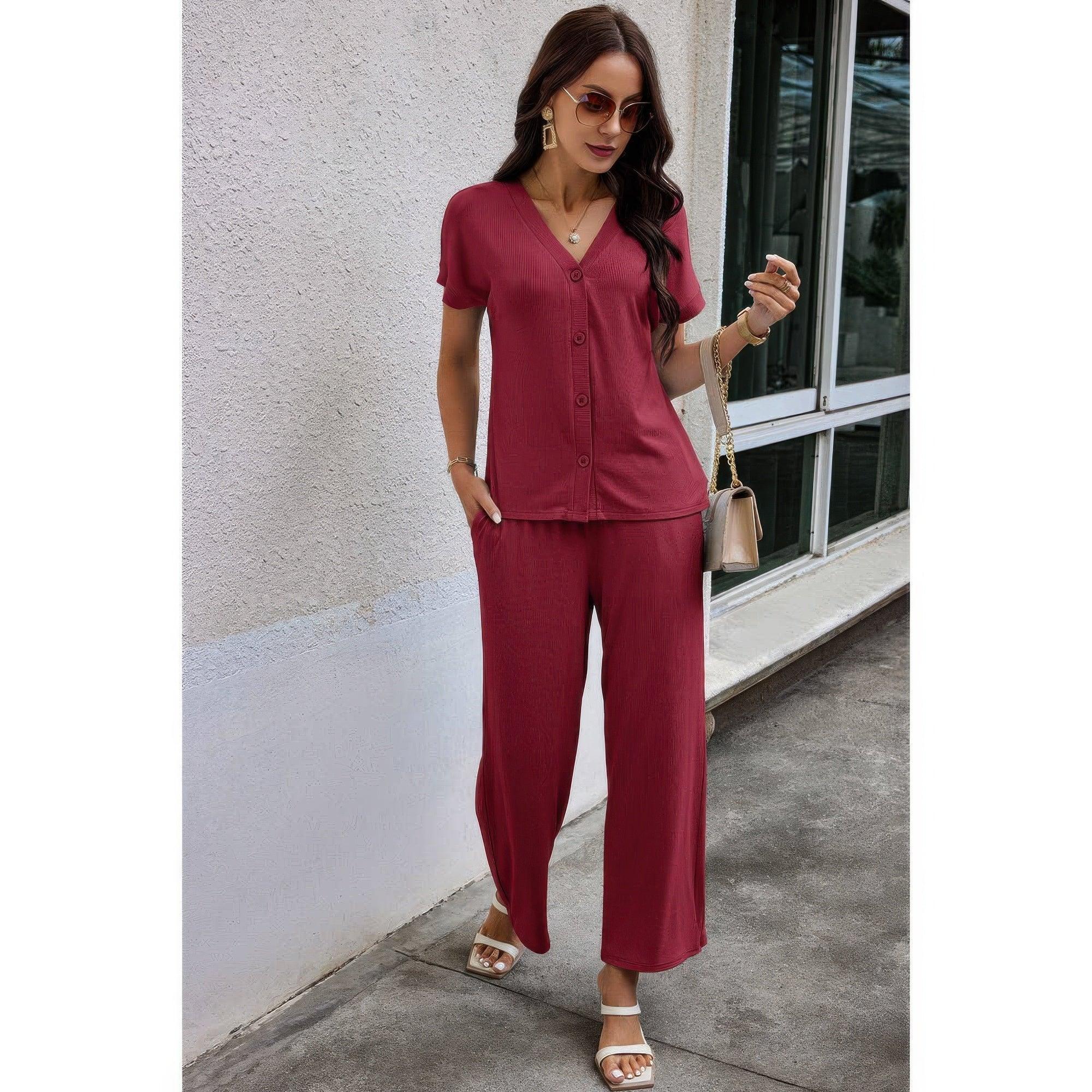 Solid Knit Pockets Button Up Two Pieces V Neck Set | Mixtshop LLC