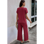 Solid Knit Pockets Button Up Two Pieces V Neck Set | Mixtshop LLC