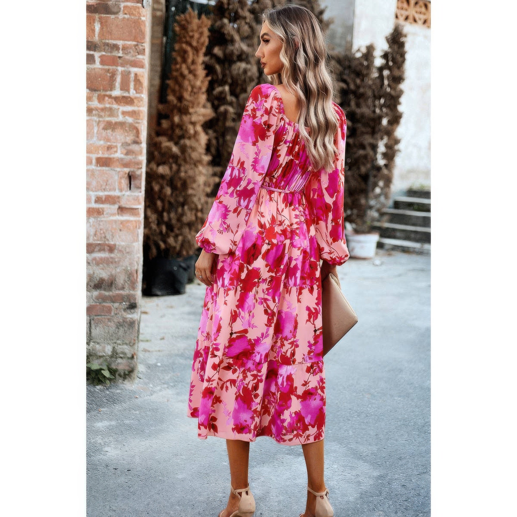 Floral High Elastic Waist Square Neck Pocket Dress Secondary image