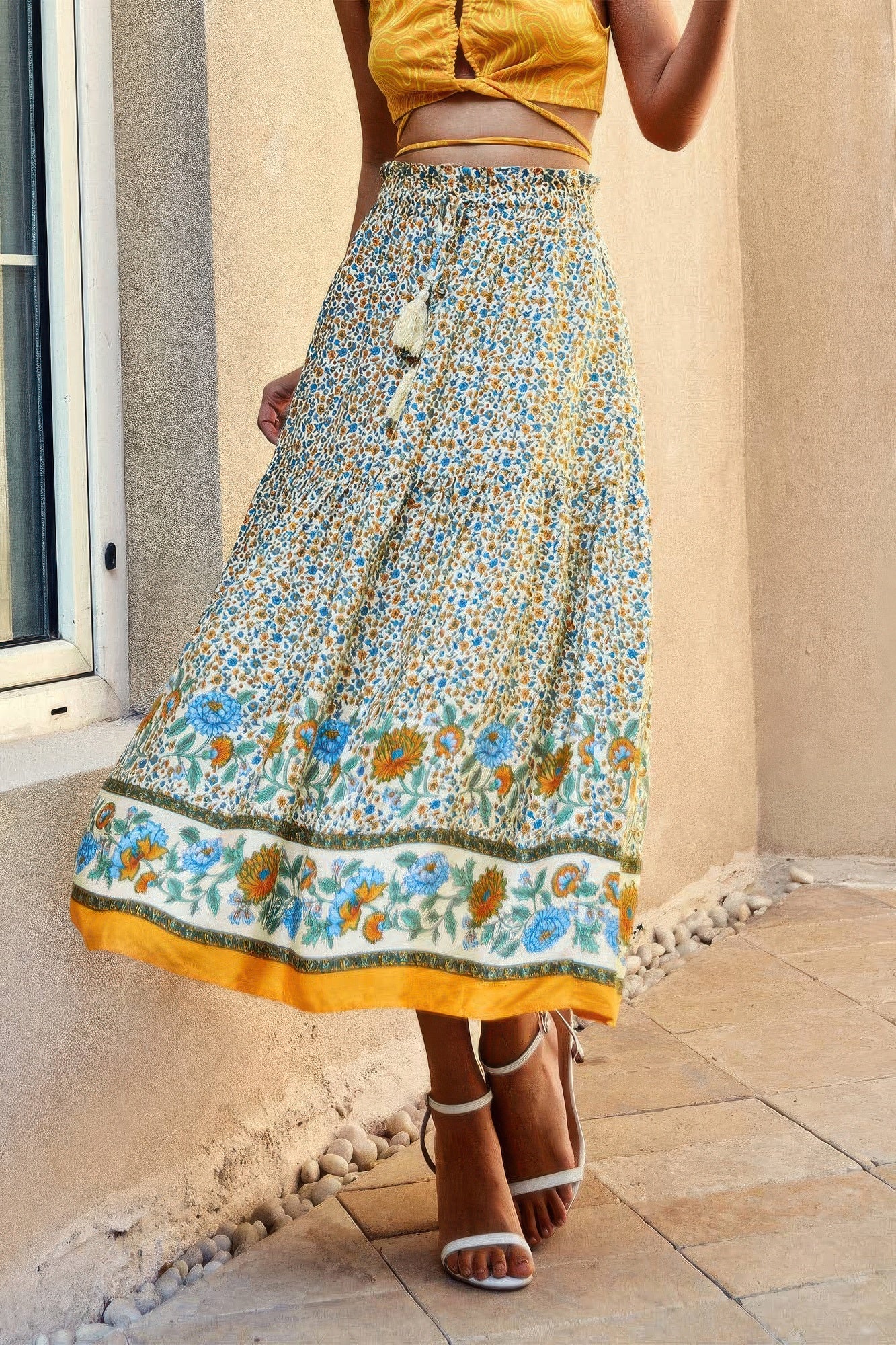 Drawstring Floral Ruffled Maxi Skirt Secondary image