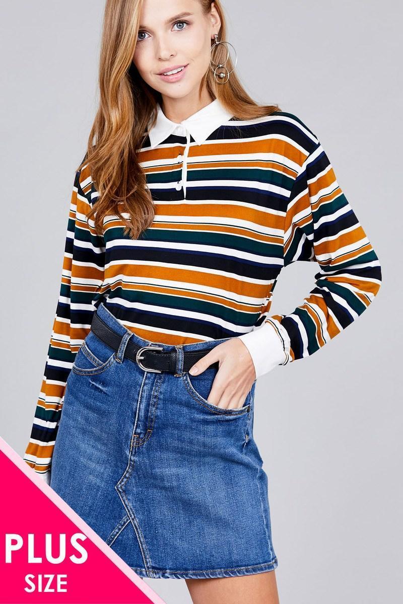 Ladies fashion plus size long sleeve multi striped dty brushed shirts | Mixtshop LLC Main image