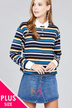 Ladies fashion plus size long sleeve multi striped dty brushed shirts | Mixtshop LLC