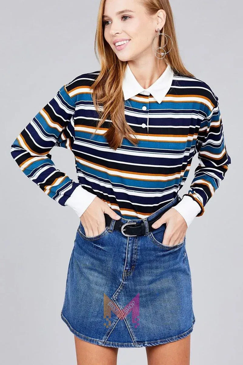 Ladies fashion plus size long sleeve multi striped dty brushed shirts | Mixtshop LLC