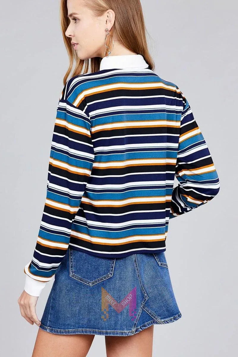 Ladies fashion plus size long sleeve multi striped dty brushed shirts | Mixtshop LLC