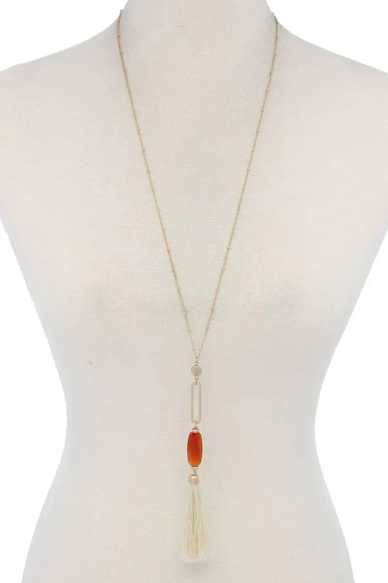 Cut Out Long Oval Bead Tassel Pendant Necklace | Mixtshop LLC