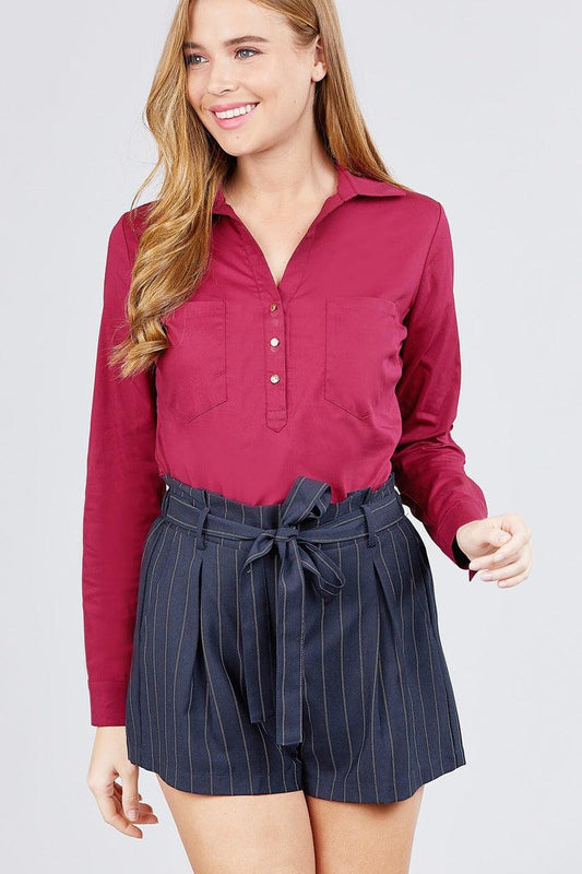 3/4 Roll Up Sleeve Front Two Pocket W/button Detail Stretch Shirt | Mixtshop LLC