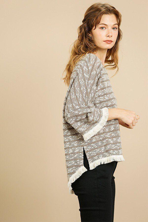 Heathered Striped Knit Bell Sleeve Round Neck Top Secondary image