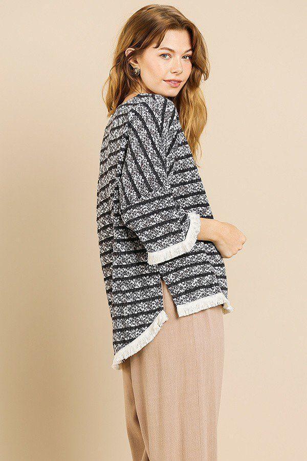 Heathered Striped Knit Bell Sleeve Round Neck Top Secondary image