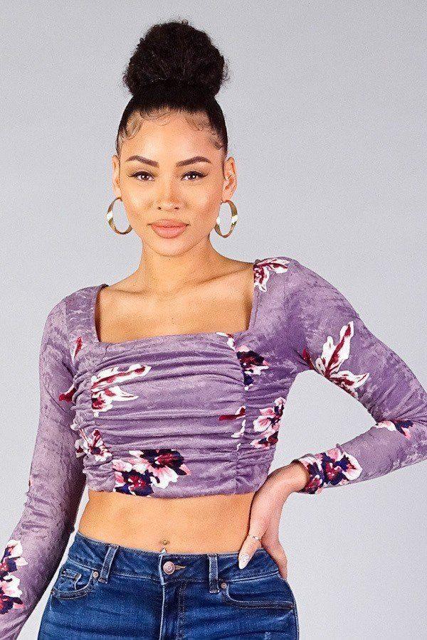 Ruched Velvet Floral Back Tie Crop Top | Mixtshop LLC Main image