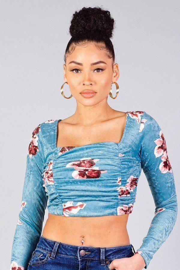 Ruched Velvet Floral Back Tie Crop Top | Mixtshop LLC Main image