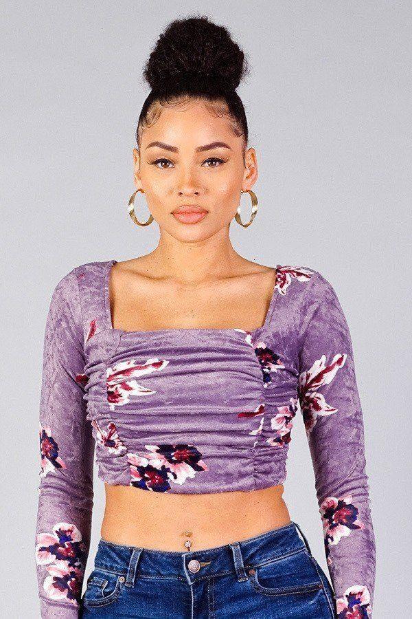 Ruched Velvet Floral Back Tie Crop Top | Mixtshop LLC