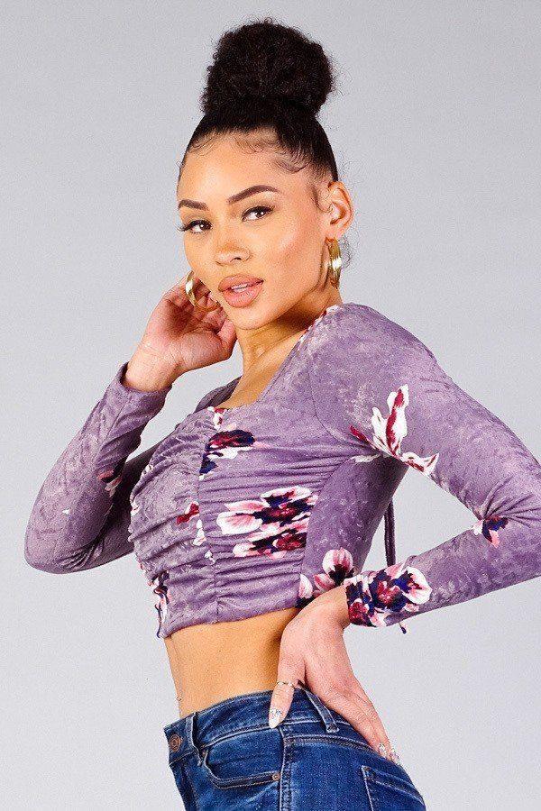 Ruched Velvet Floral Back Tie Crop Top | Mixtshop LLC