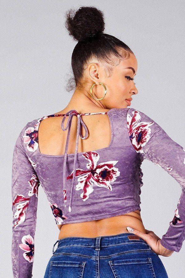 Ruched Velvet Floral Back Tie Crop Top | Mixtshop LLC