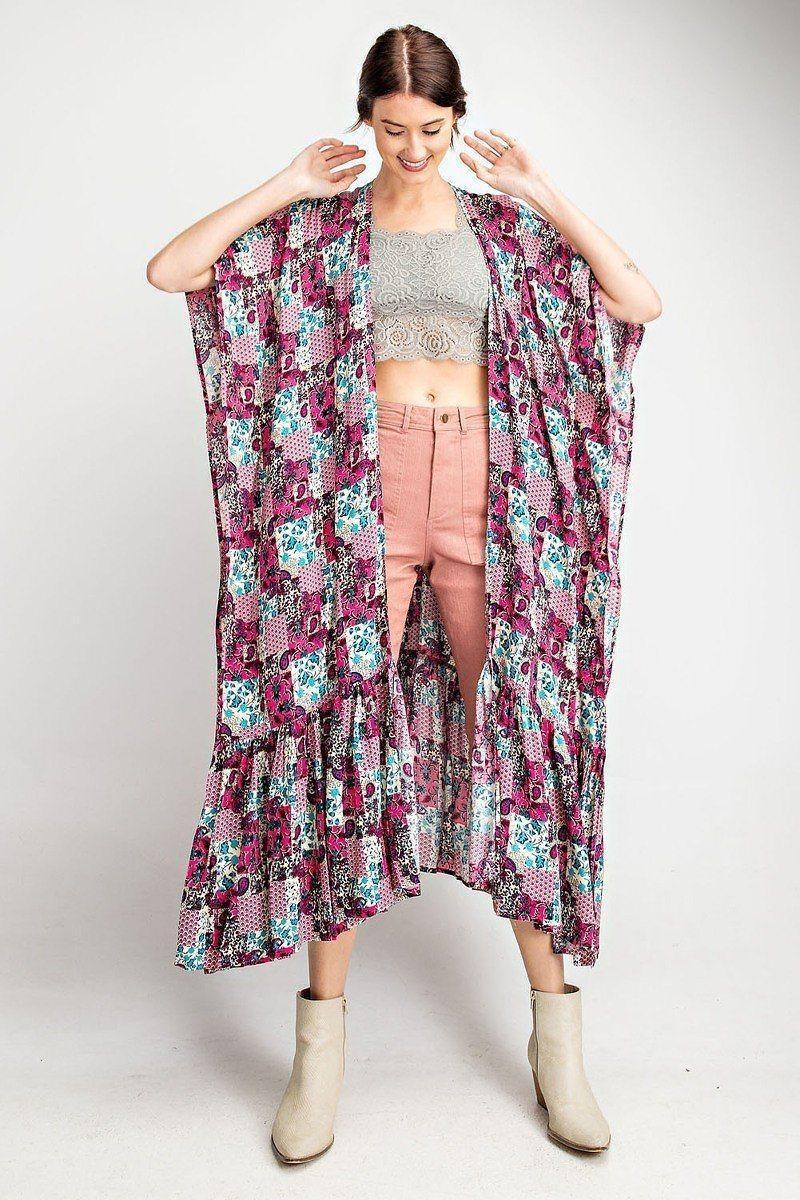 Rayon Challis Ruffle Bottom Maxi Open Kimono | Mixtshop LLC Main image