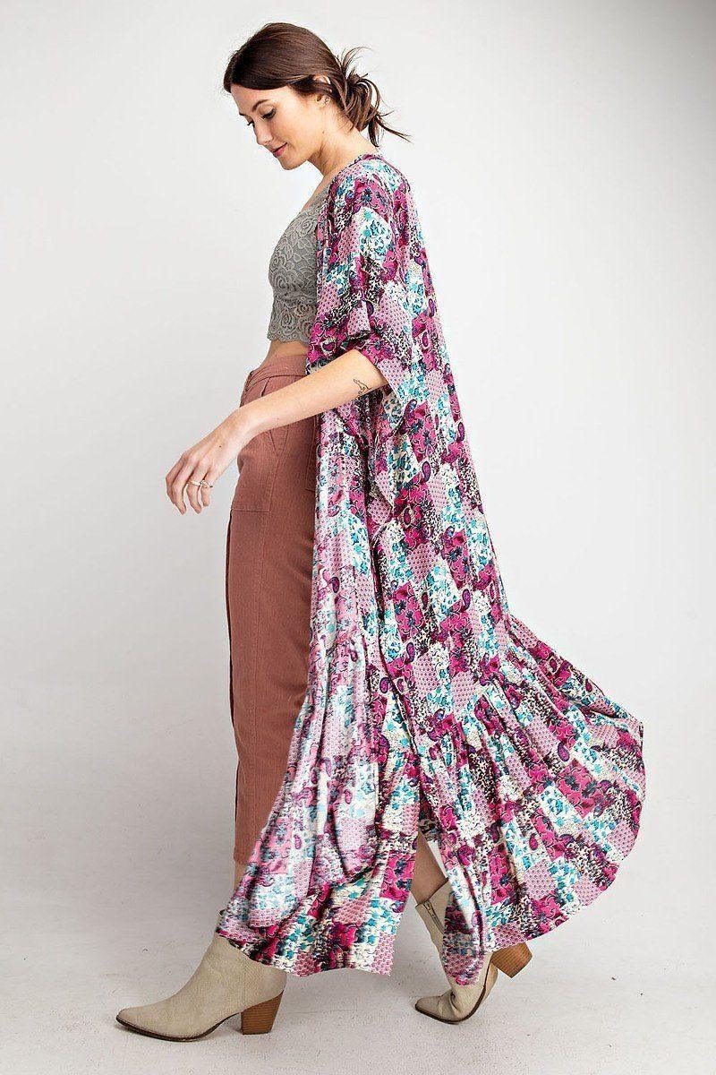 Rayon Challis Ruffle Bottom Maxi Open Kimono | Mixtshop LLC