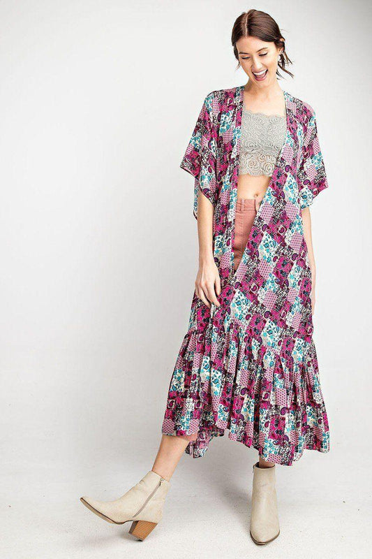 Rayon Challis Ruffle Bottom Maxi Open Kimono | Mixtshop LLC