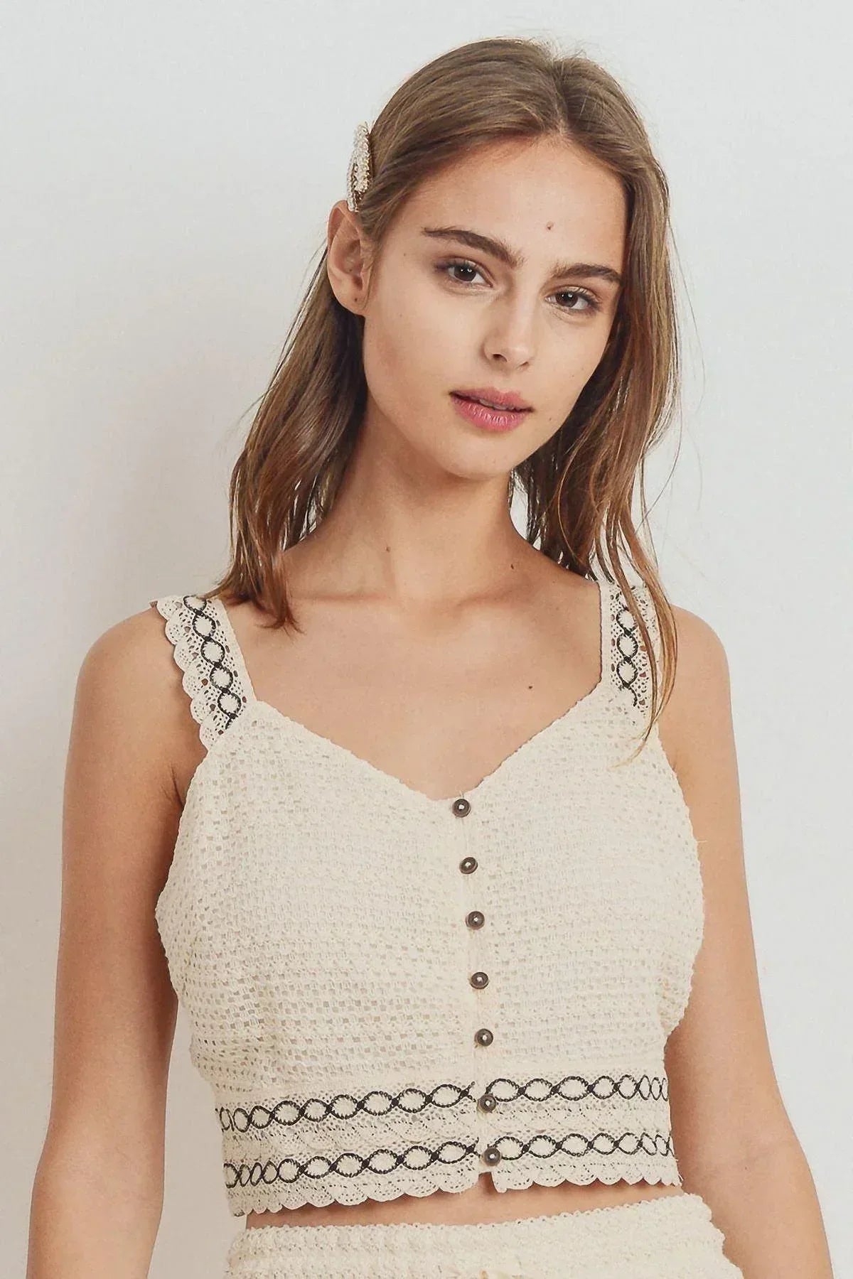 Knit Laced Buttoned Shoulder Strap Top | Mixtshop LLC Main image