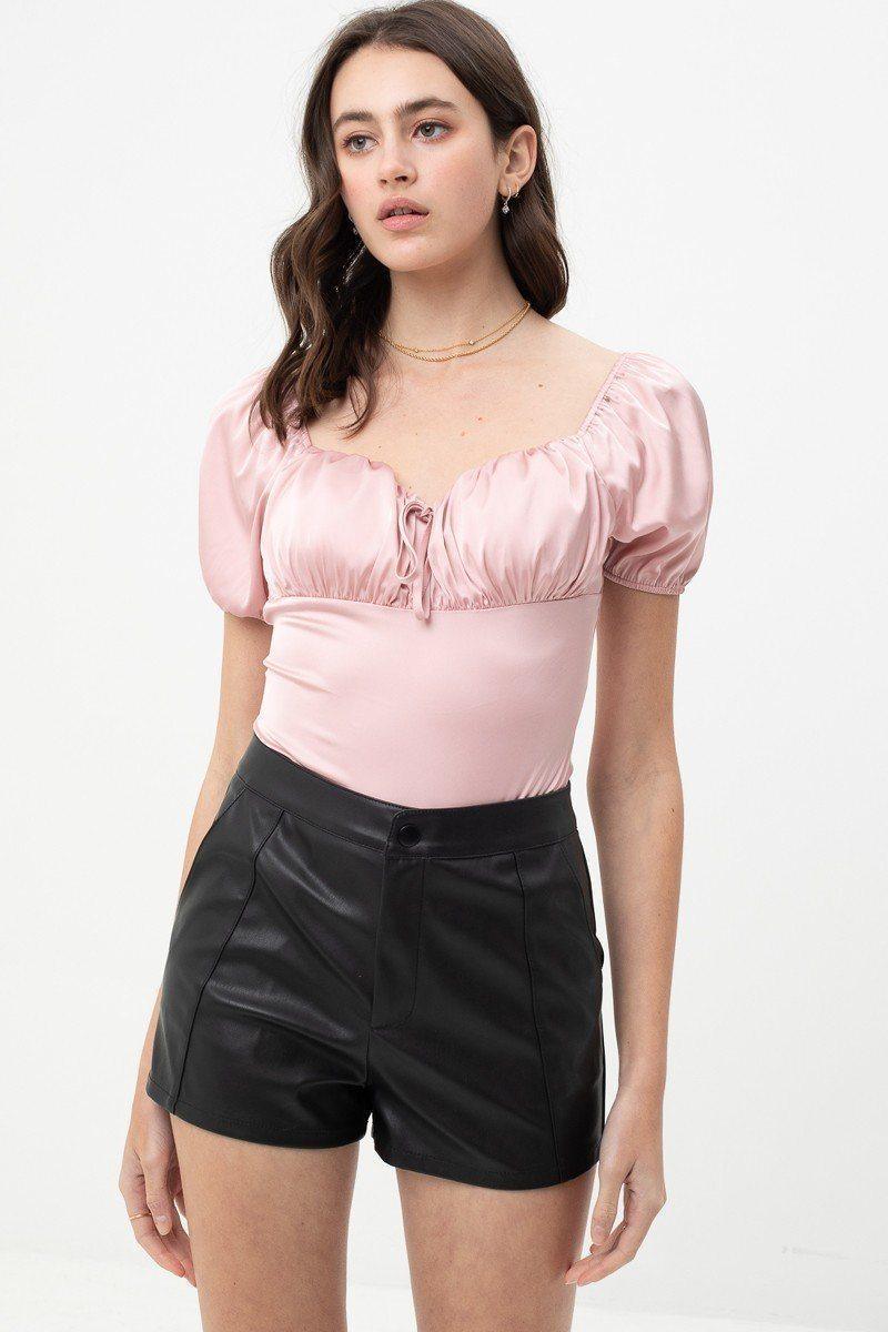 Satin Bodysuit With Front Neck Tie And Scooped Neck | Mixtshop LLC Main image