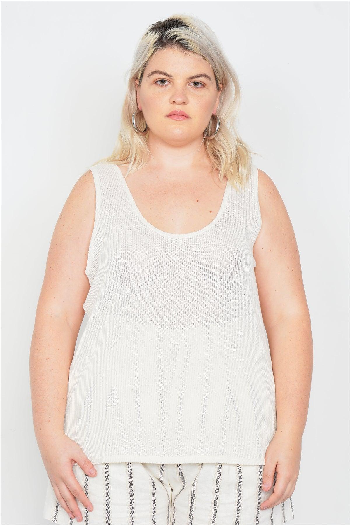 Plus Size Sheer Ivory Ribbed Causal Tank Top | Mixtshop LLC Main image