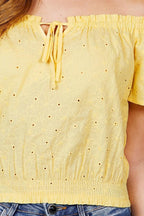 Short Sleeve Off The Shoulder Front Tie Detail Smocked Hem Eyelet Lace Woven Top | Mixtshop LLC