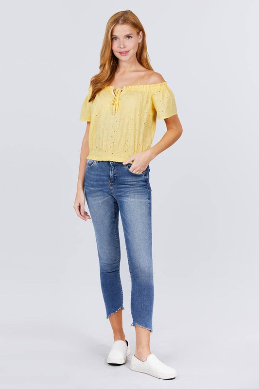 Short Sleeve Off The Shoulder Front Tie Detail Smocked Hem Eyelet Lace Woven Top | Mixtshop LLC