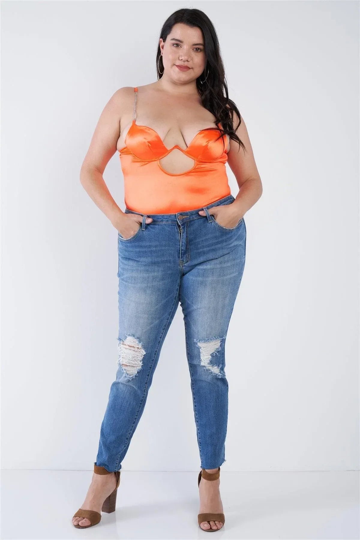 Plus Size Silk Chain Spaghetti Strap High Thong Center Cut Out Bodysuit | Mixtshop LLC