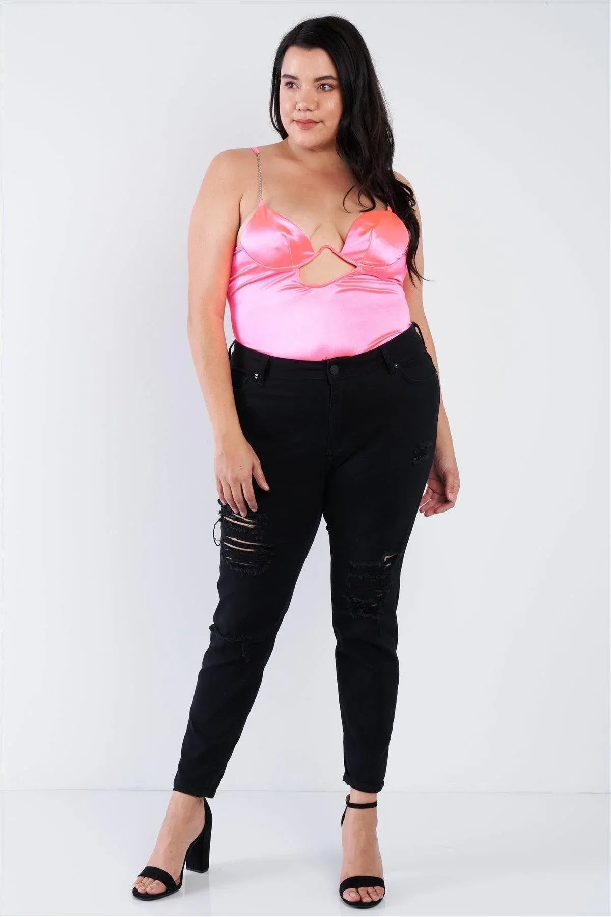 Plus Size Silk Chain Spaghetti Strap High Thong Center Cut Out Bodysuit Secondary image