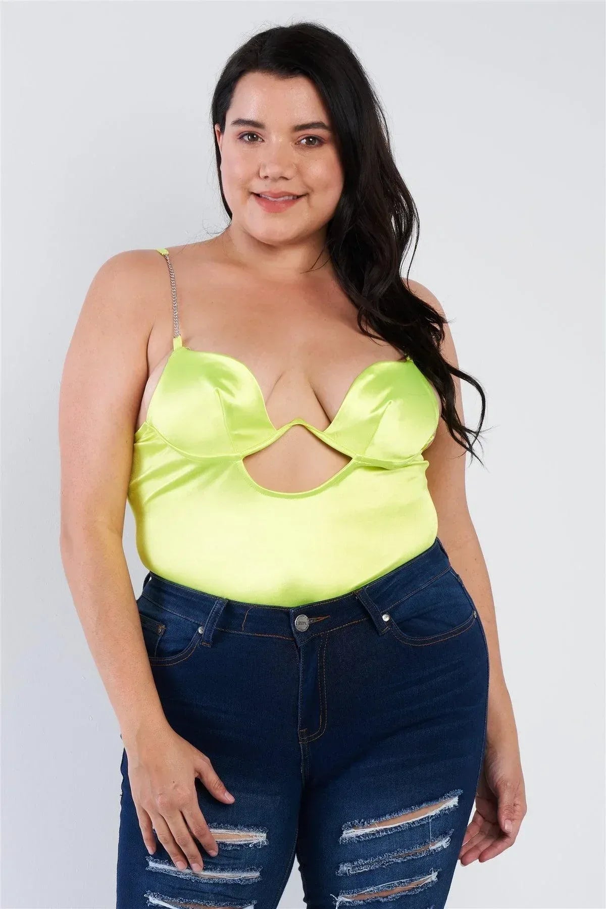 Plus Size Silk Chain Spaghetti Strap High Thong Center Cut Out Bodysuit | Mixtshop LLC