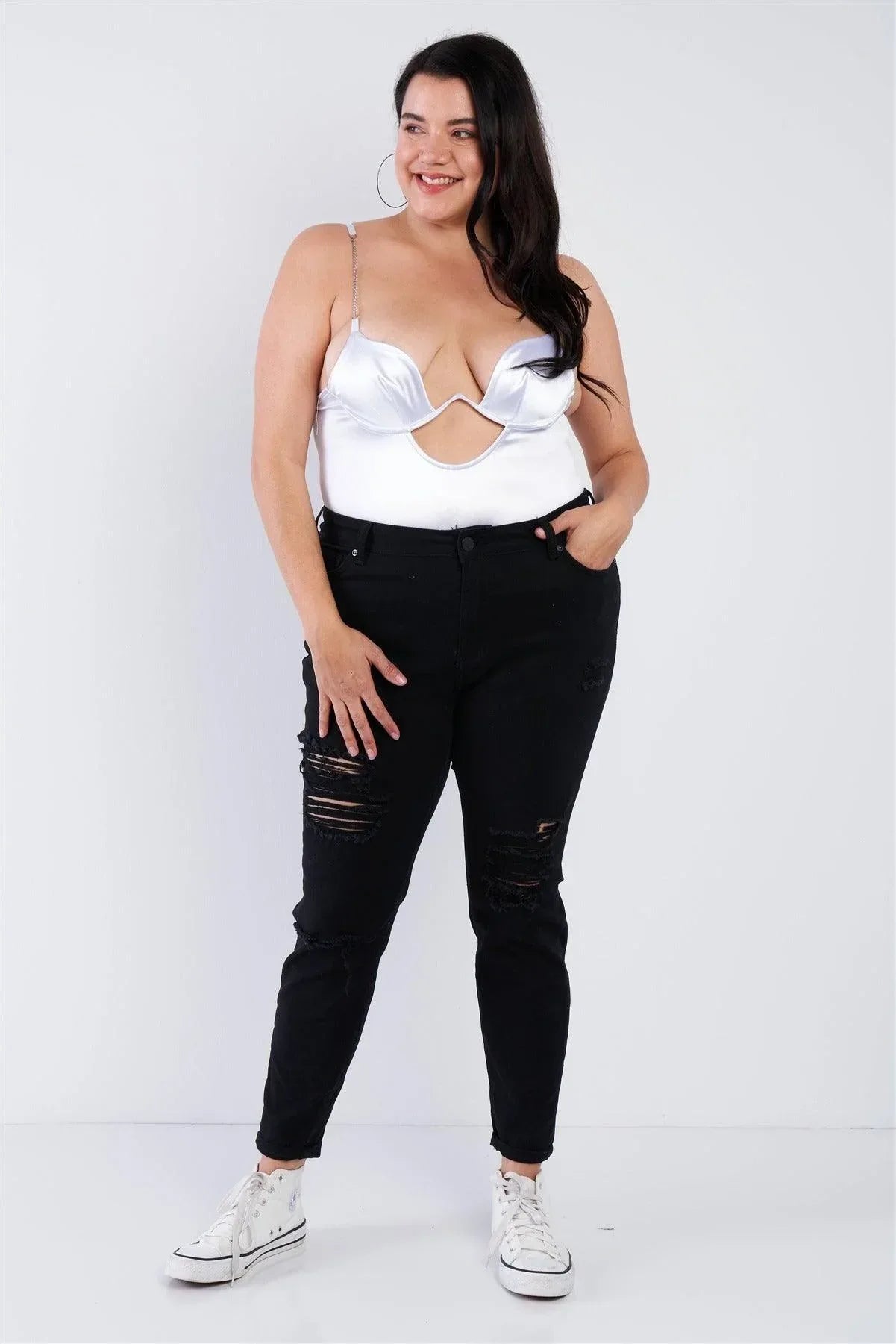 Plus Size Silk Chain Spaghetti Strap High Thong Center Cut Out Bodysuit | Mixtshop LLC