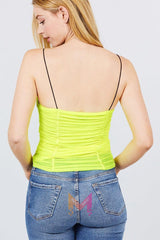 V-neck W/shirring Detail Elastic Strap Mesh Cami Top | Mixtshop LLC