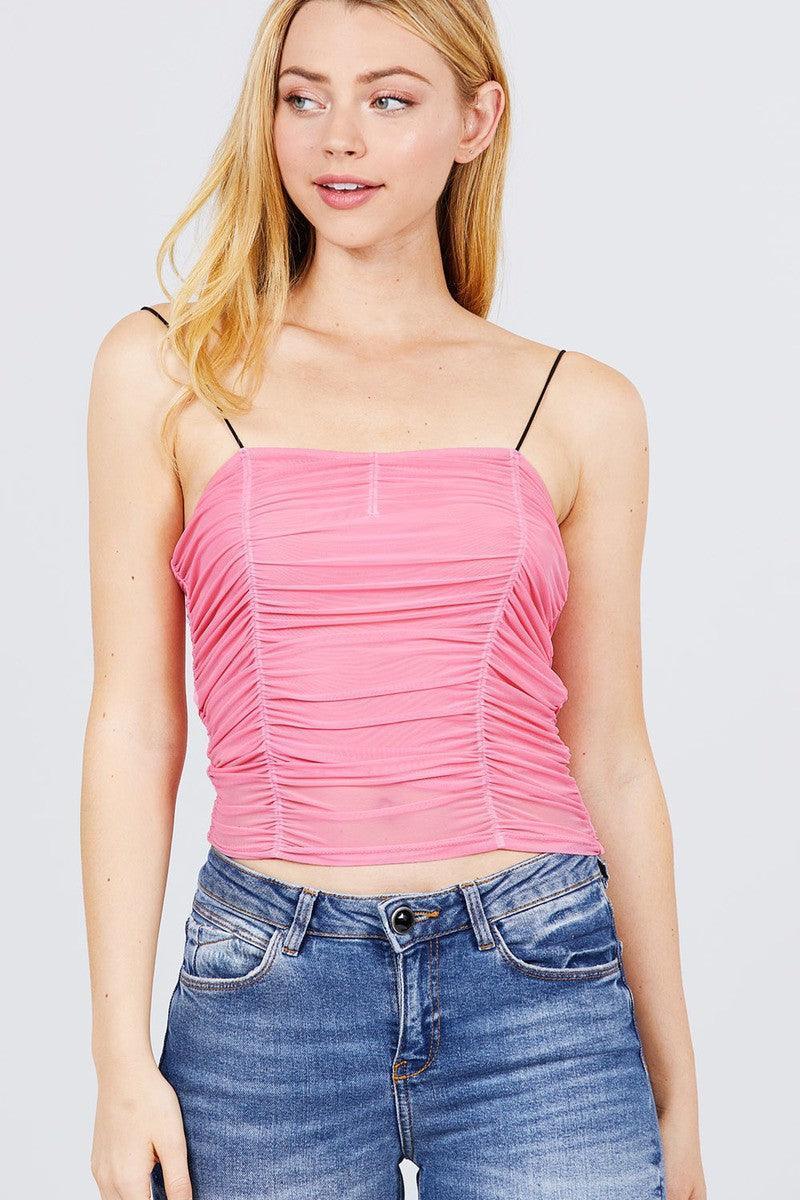 V-neck W/shirring Detail Elastic Strap Mesh Cami Top | Mixtshop LLC Main image
