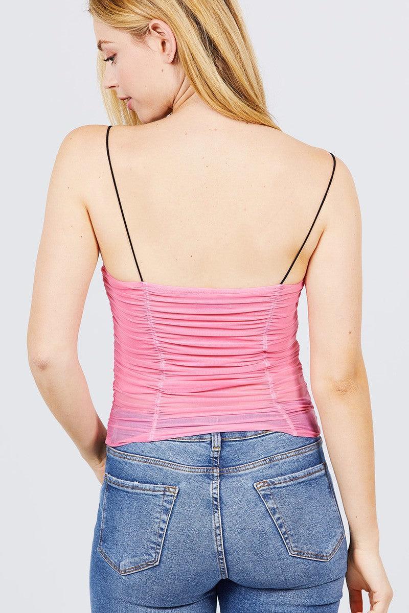 V-neck W/shirring Detail Elastic Strap Mesh Cami Top | Mixtshop LLC