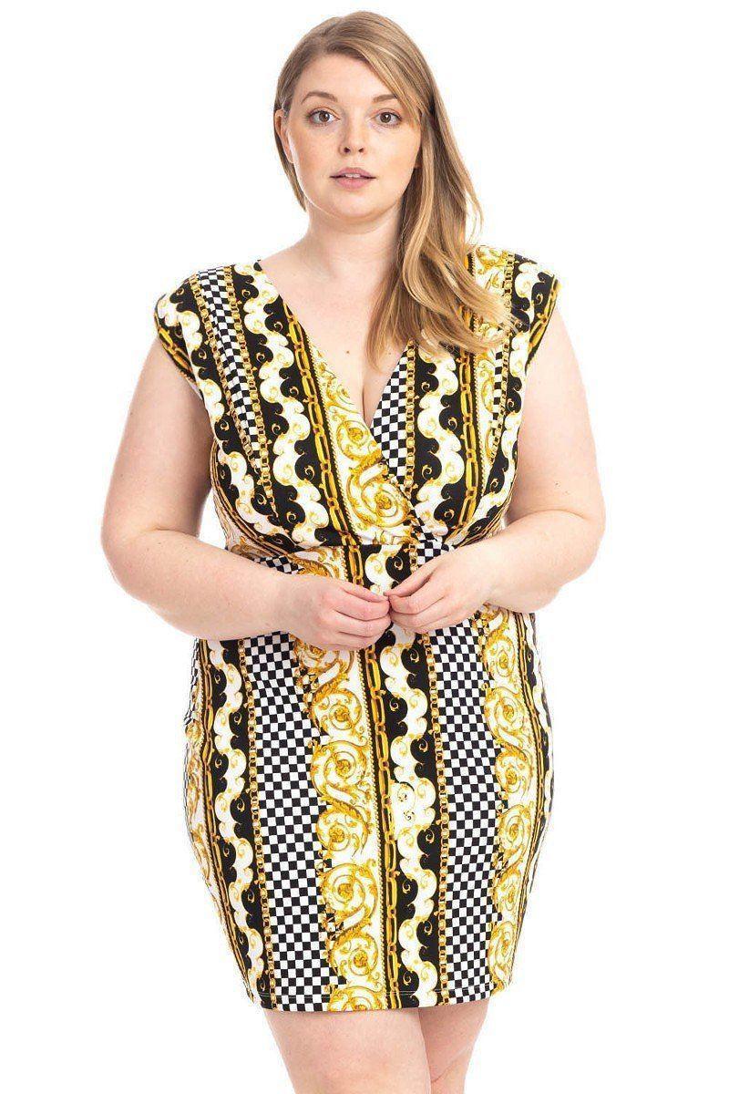 Plus Size Boarder Print V-neck Bodycon Dress | Mixtshop LLC Main image