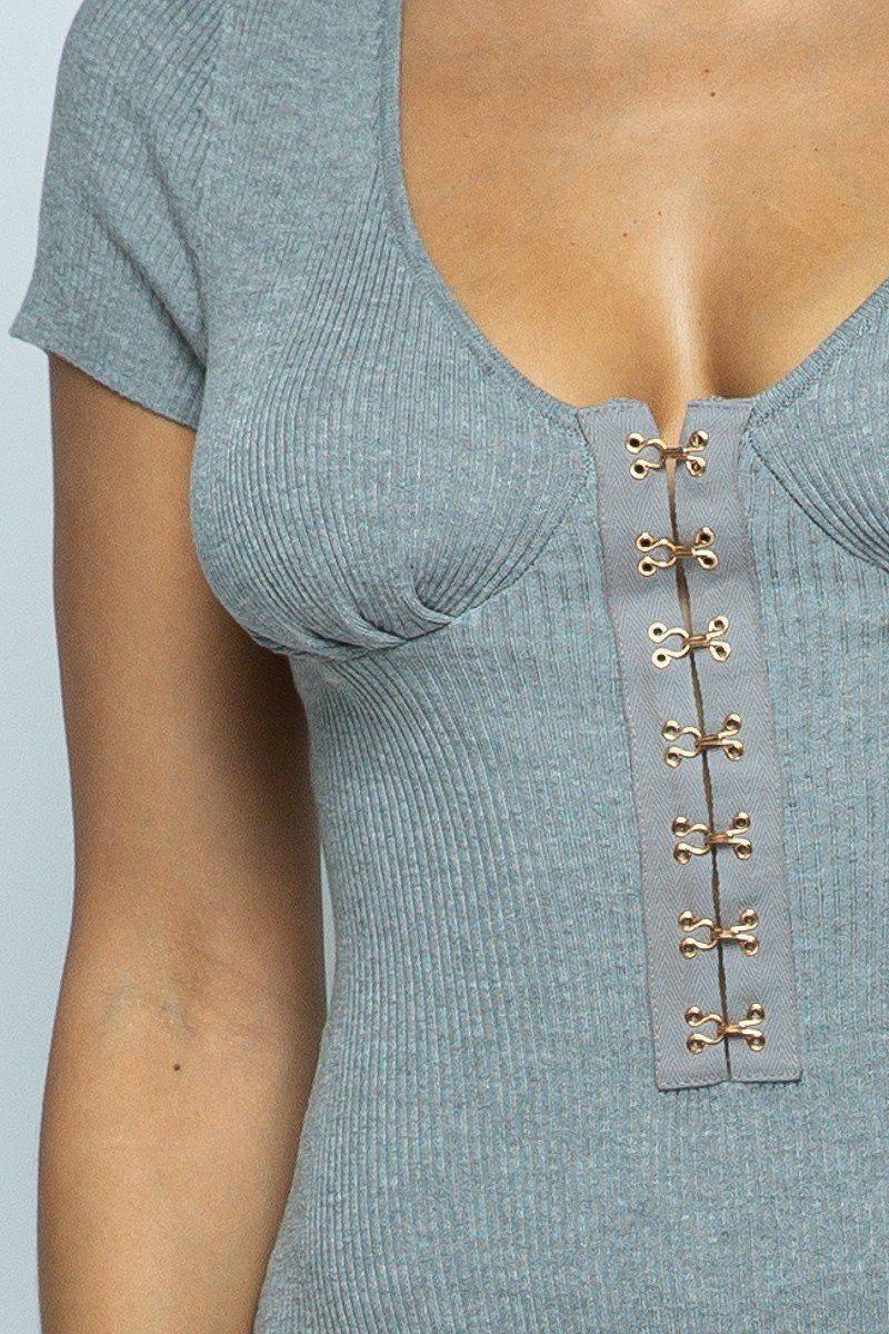 Short Sleeve Hook And Eye Ribbed Knit | Mixtshop LLC