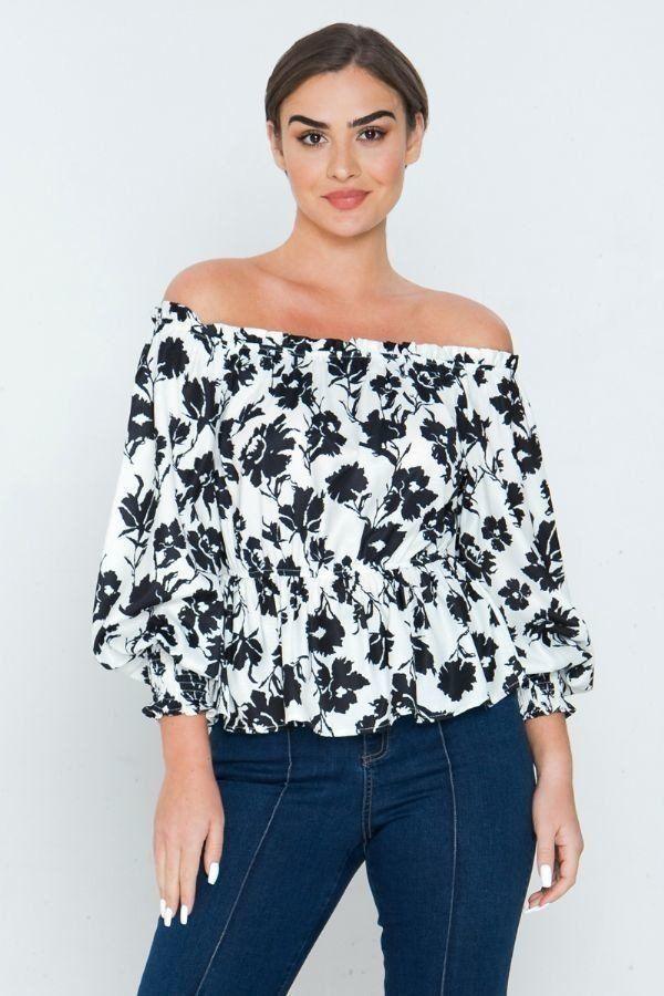 Long Sleeves Off Shoulder Neckline Printed Shirt | Mixtshop LLC Main image