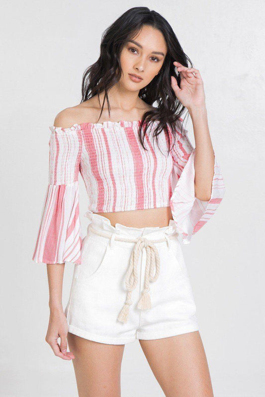 Striped Off-the-shoulder Gauze Crop Top | Mixtshop LLC