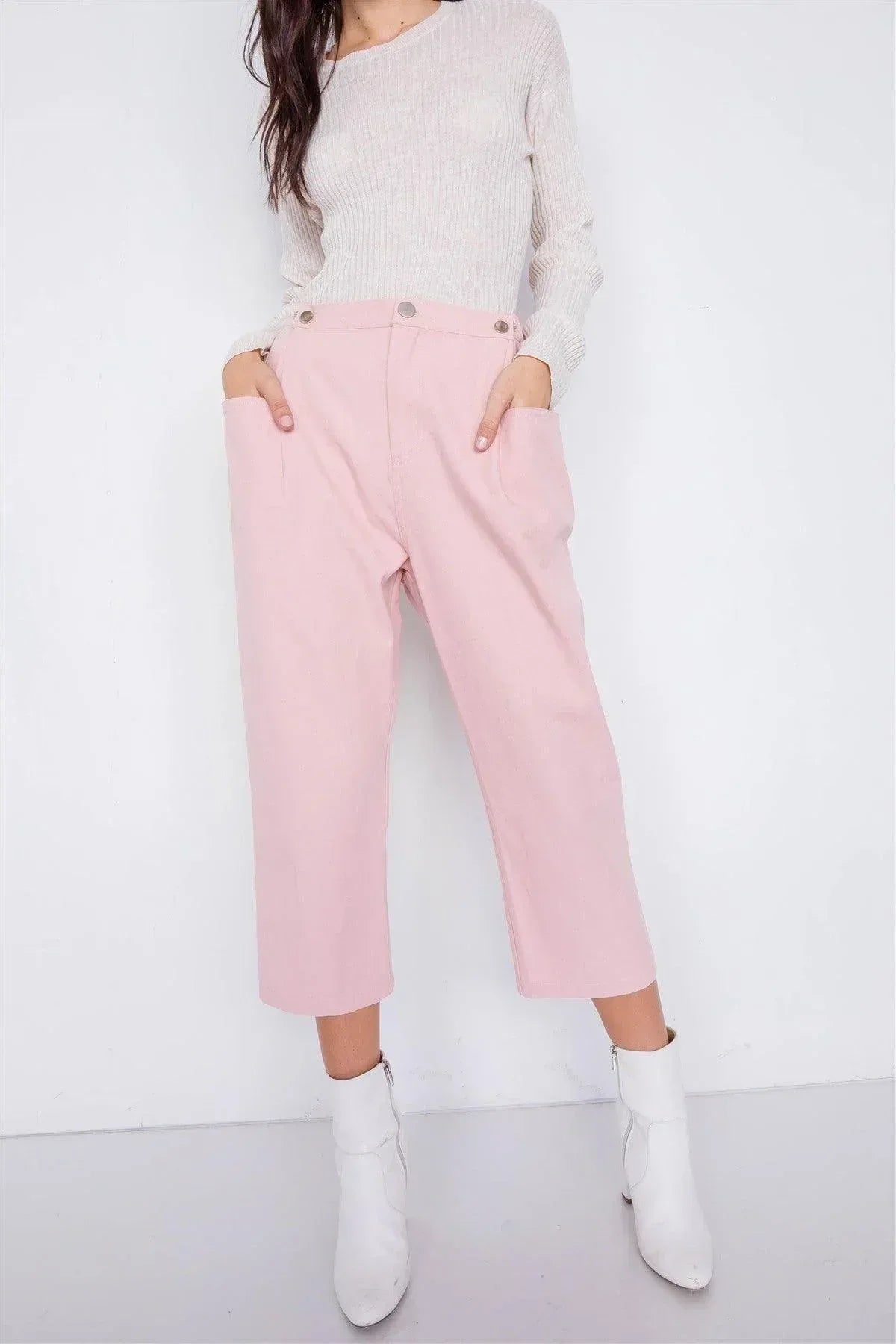 Pastel Chic Solid Ankle Wide Leg Adjustable Snap Waist Pants | Mixtshop LLC Main image