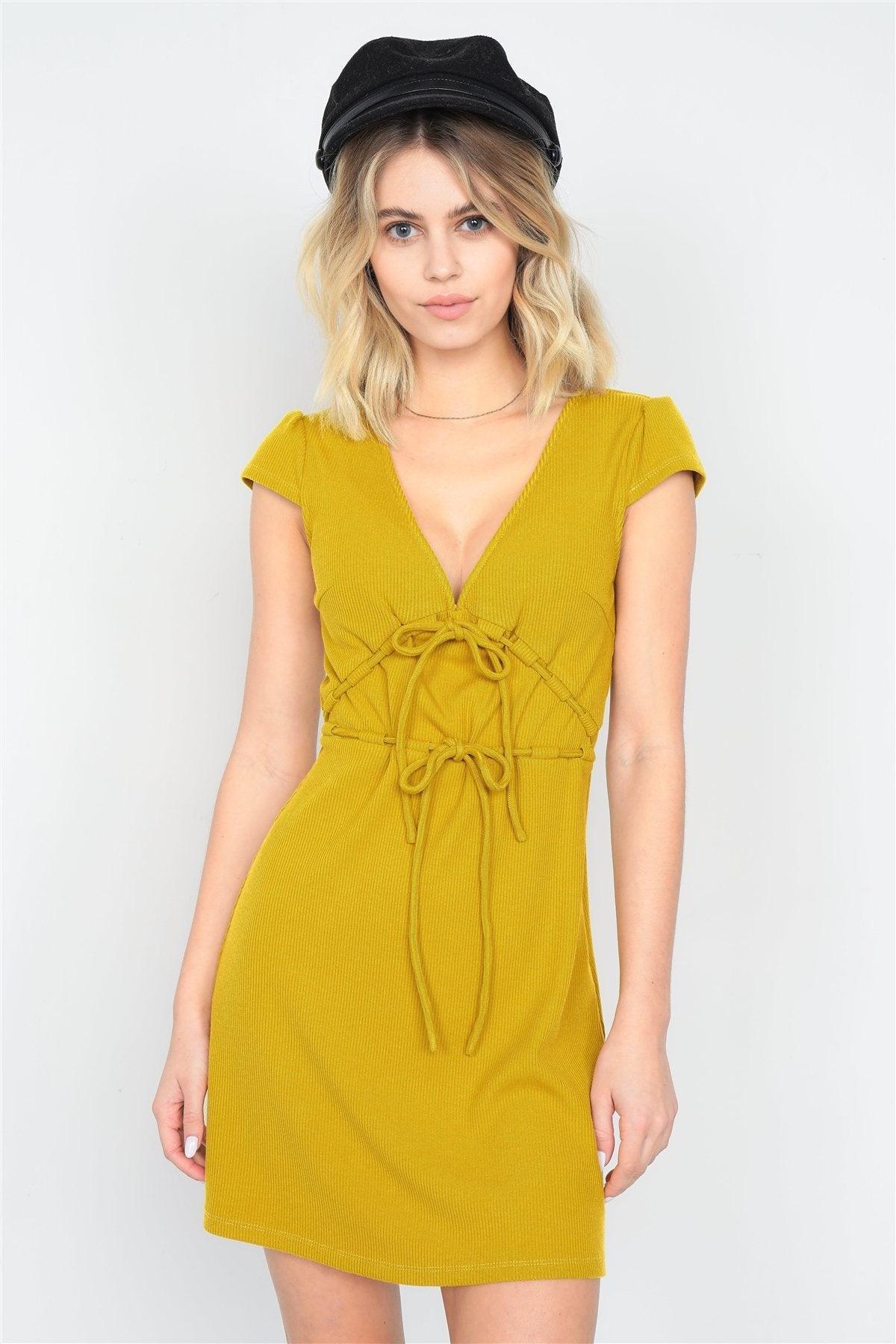 Mustard Ribbed V-neck Cap Sleeve Mini Solid Casual Dress | Mixtshop LLC Main image