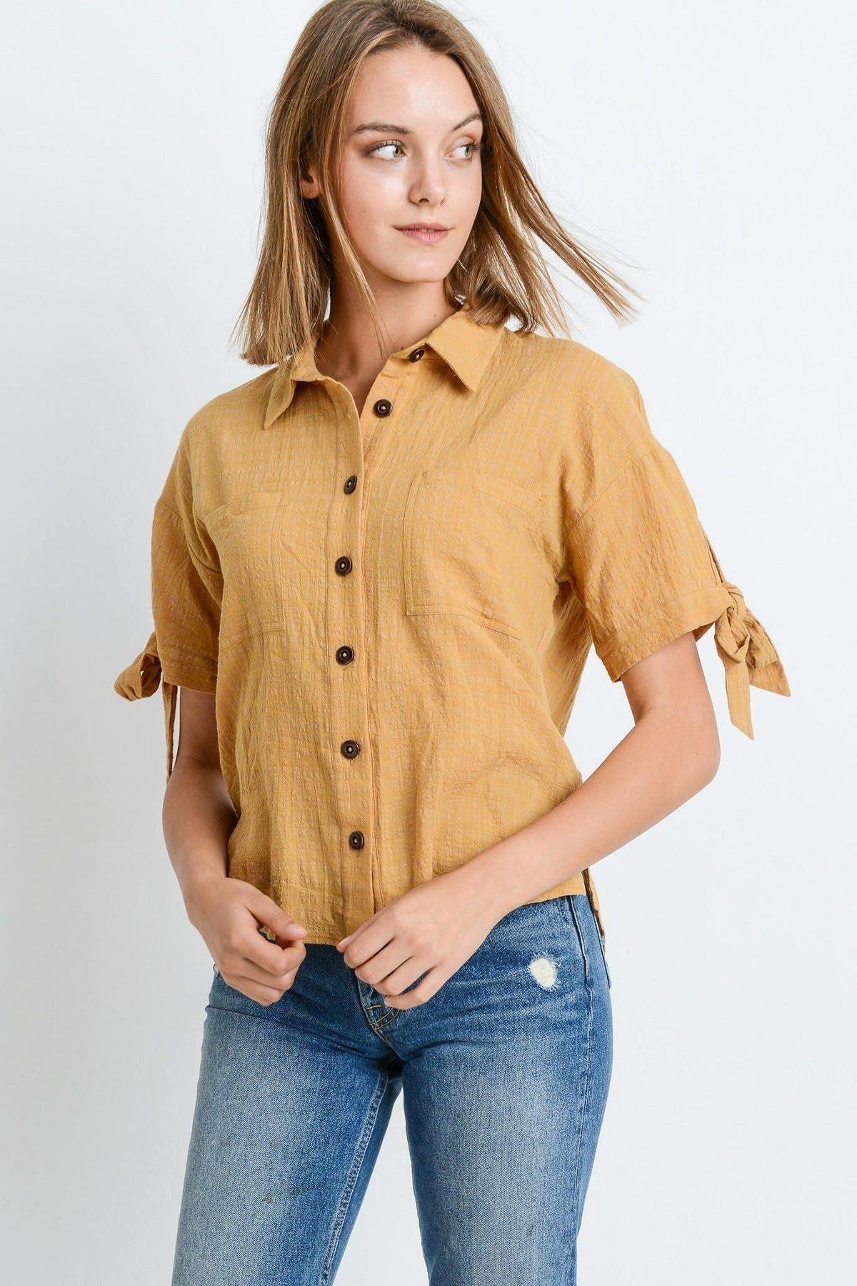 Short Sleeve Button Up Top With Tie Sleeve | Mixtshop LLC Main image