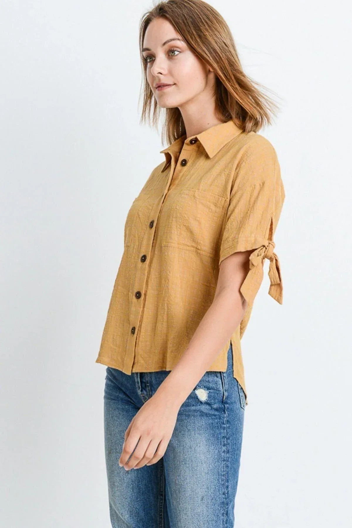 Short Sleeve Button Up Top With Tie Sleeve | Mixtshop LLC
